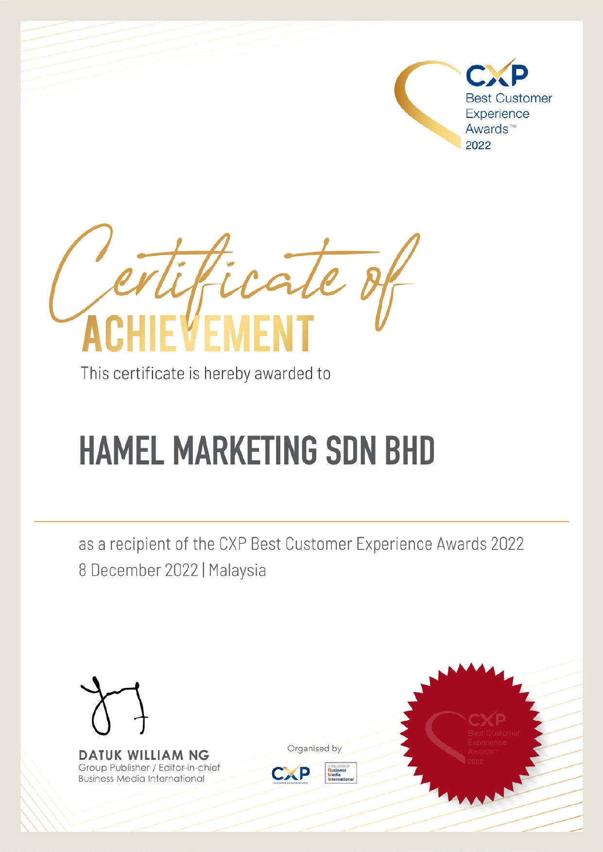 CXP award certificate
